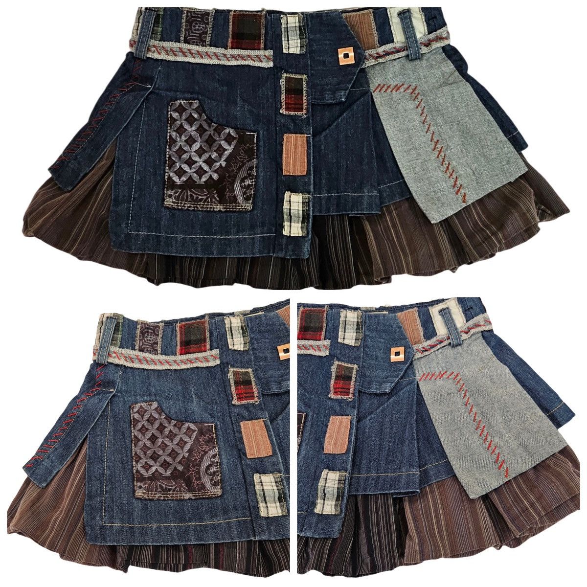 Designer × Vintage Vintage Multi-Material Layered Patchwork Denim Mini Skirt Size 28" / US 6 / IT 42 - 5 Thumbnail