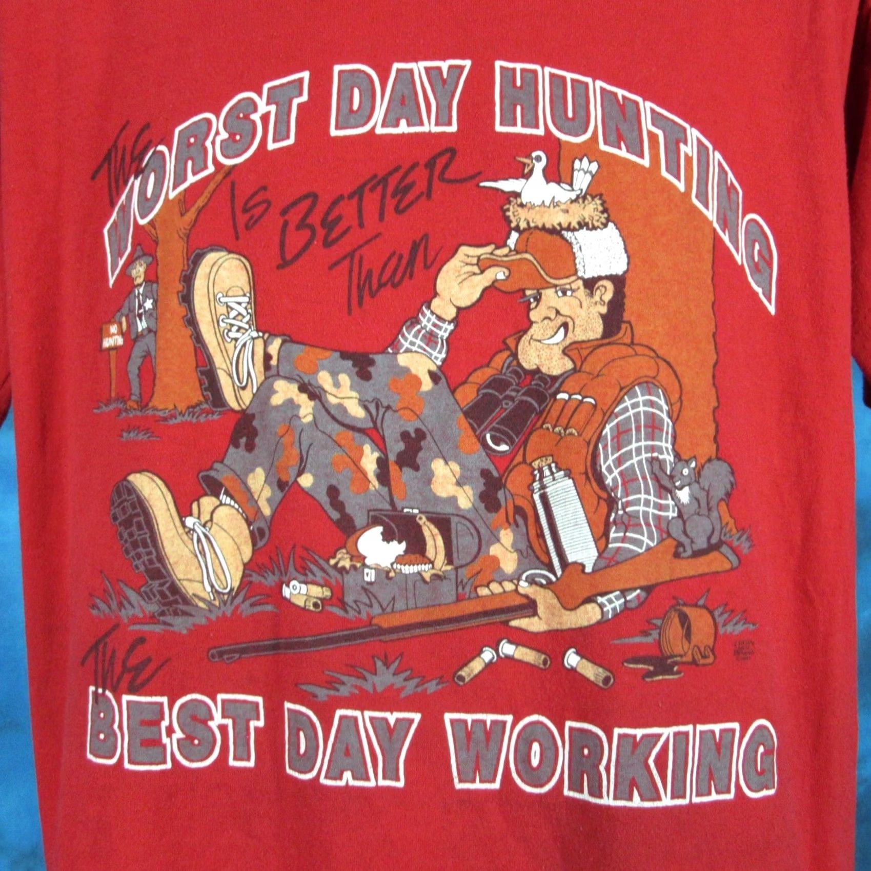 Vintage VINTAGE WORST DAY HUNTING BETTER THAN WORK CARTOON T-Shirt XL Red Men's 80s 90s Short Sleeve Crew Neck Deer Joke Thin Size US XL / EU 56 / 4 - 3 Thumbnail