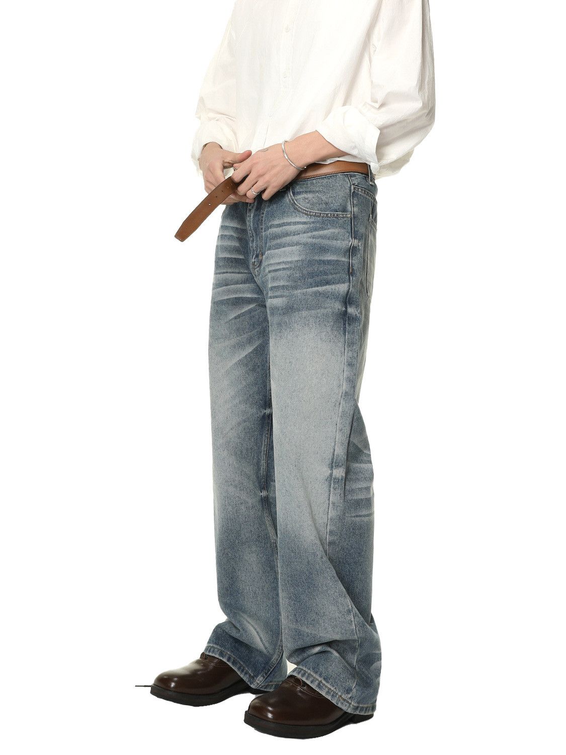 Japanese Brand Men's street washed retro distressed wide-leg straight jeans Size US 32 / EU 48 - 4 Thumbnail