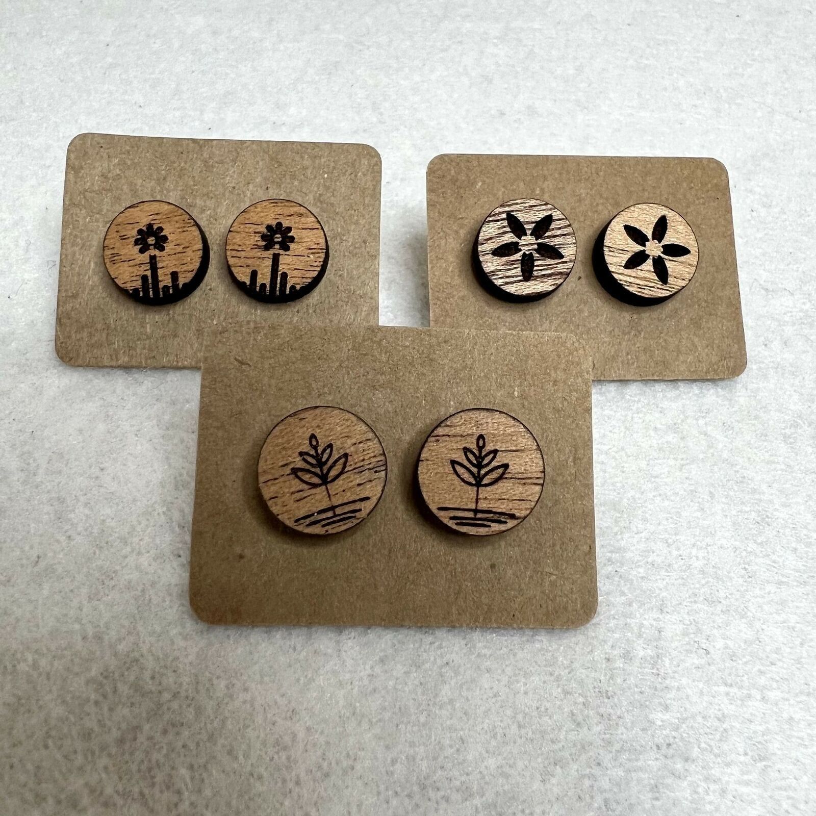 Handmade 3 Pack Wooden Engraved Stud Earrings Size ONE SIZE - 1 Thumbnail