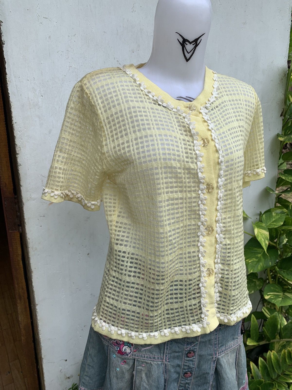 Japanese Brand × Vintage 1990s Antico Jenice Crochet Knit Button Up Floral Trim Top Size M / US 6-8 / IT 42-44 - 2 Thumbnail