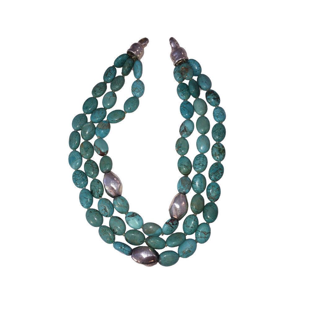 Handmade Triple Strand Turquoise Bead Necklace Silver Plated Beads Size ONE SIZE - 2 Thumbnail
