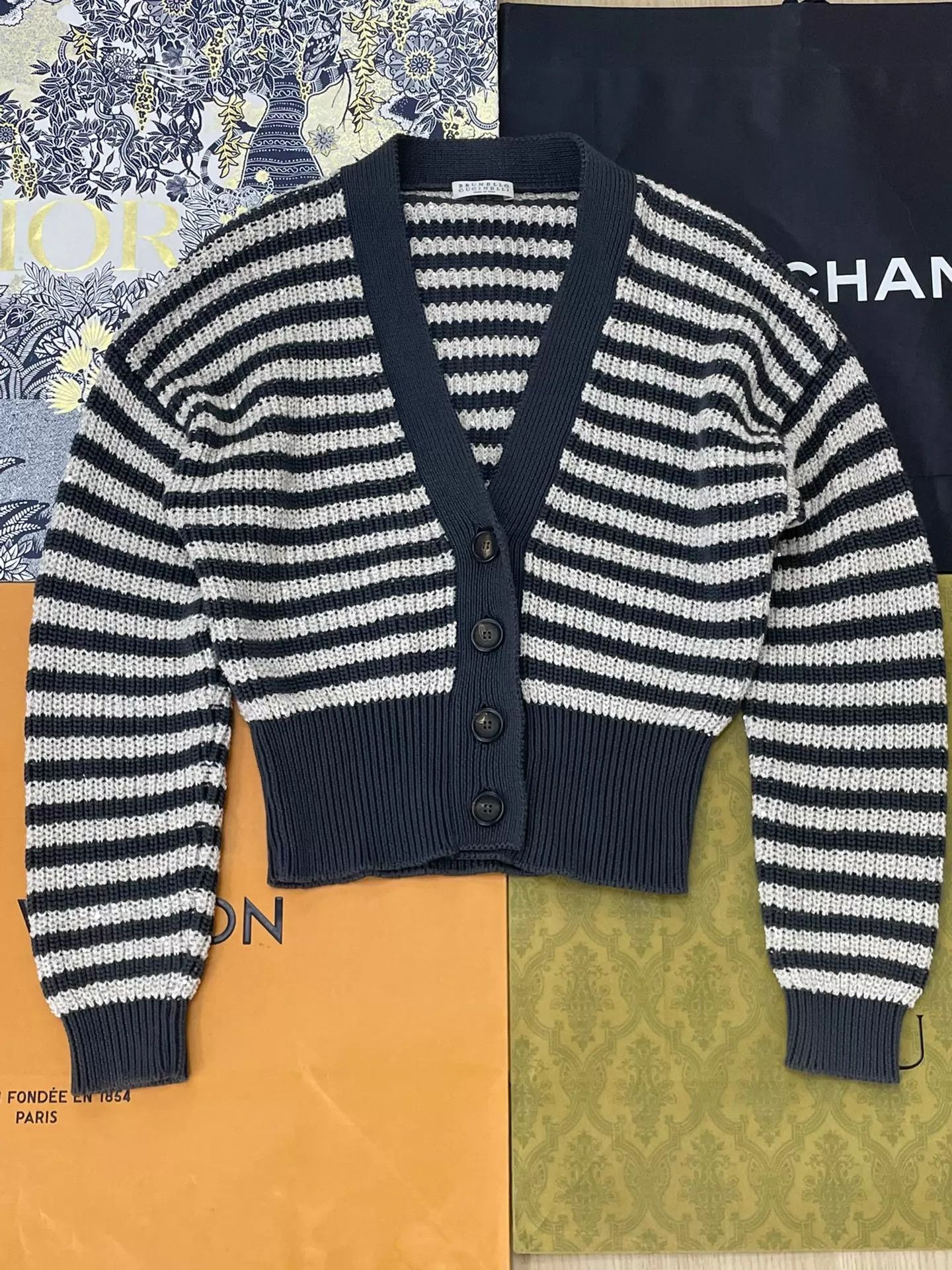 Brunello Cucinelli Brunello Cucinelli Sequin CB Stripe Knit Cardi XS Size XS / US 0-2 / IT 36-38 - 1 Thumbnail