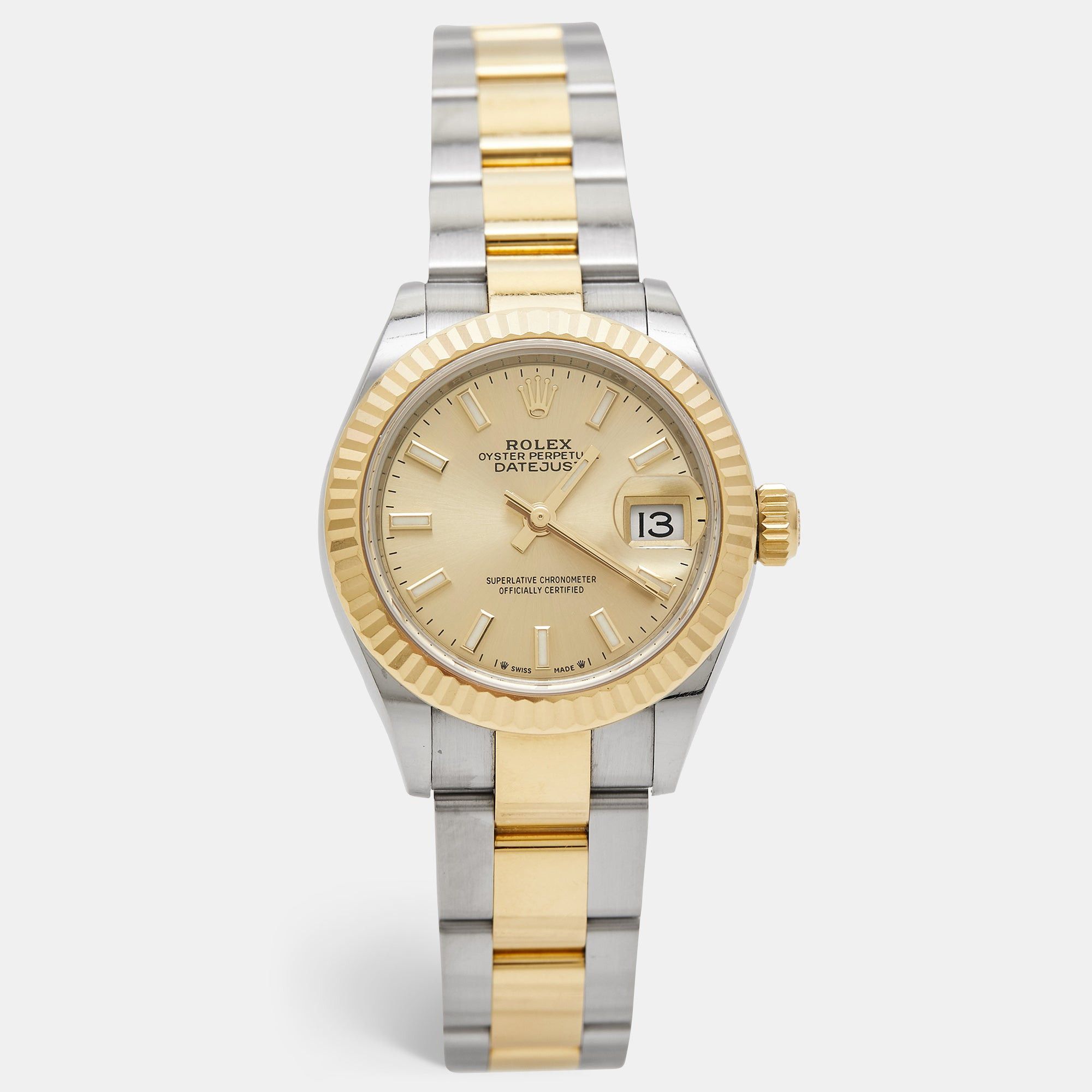 image of Rolex Champagne 18K Yellow Gold Oystersteel Datejust M279173-0002 Women's Wristwatch 28 Mm in Silve