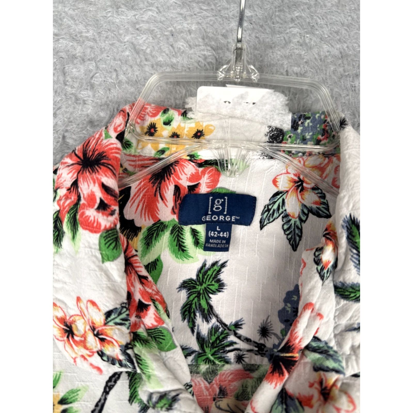 George George Shirt Adult Large White Floral Palm Print Button Up Hawaiian Rayon Mens Size US L / EU 52-54 / 3 - 7 Thumbnail