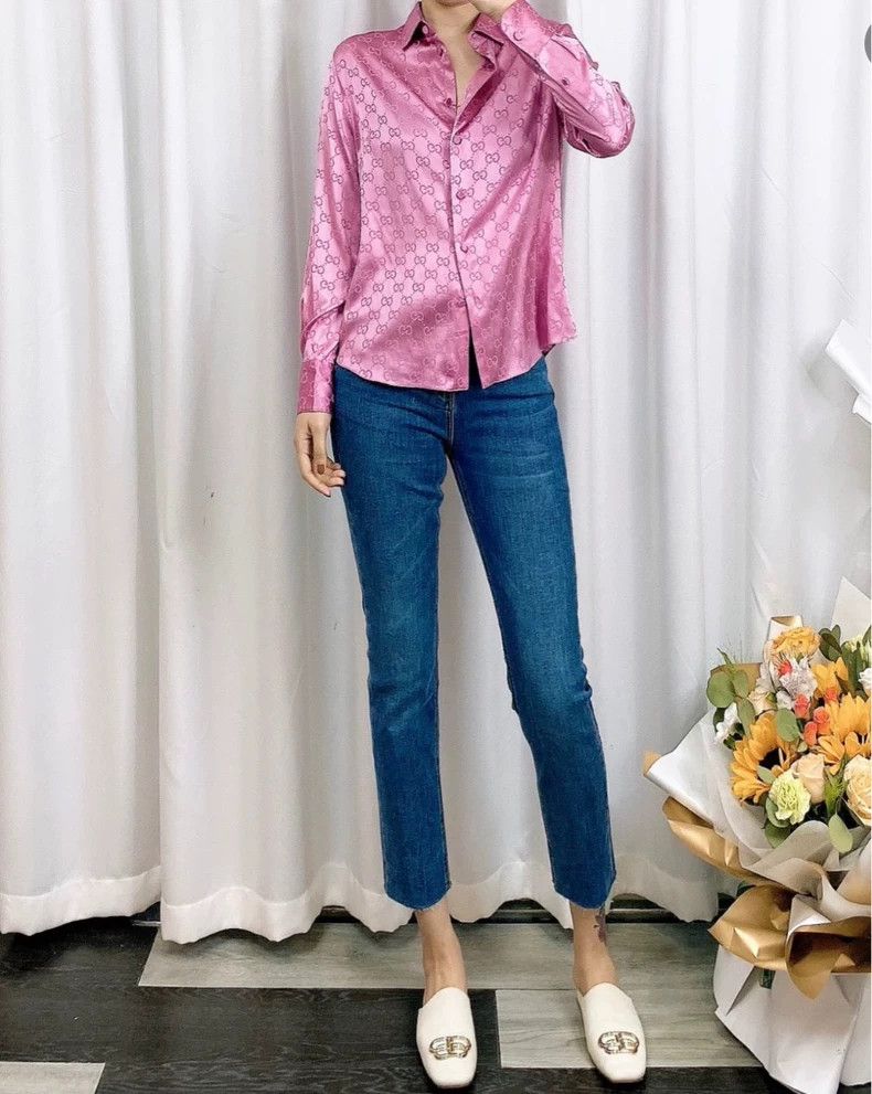 Gucci Gucci Double G full print lapel pink mulberry silk long-sle Size US M / EU 48-50 / 2 - 8 Thumbnail