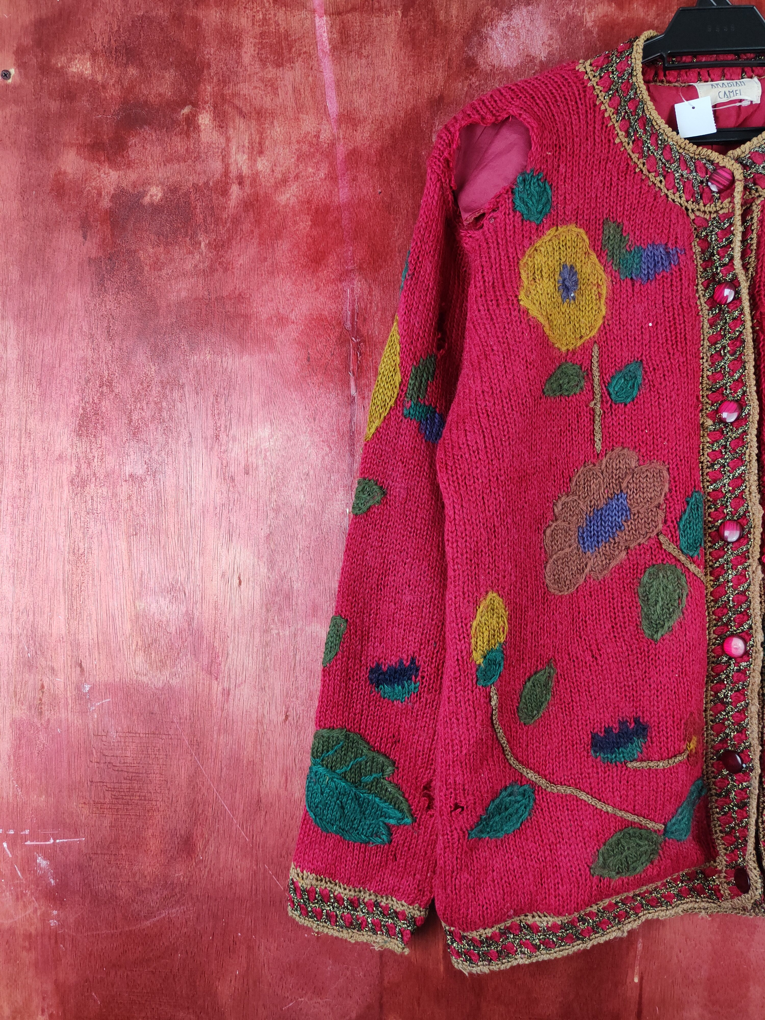 Japanese Brand Arabian Camel Red distressed ripped Knitwear Cardigan #S2403 Size L / US 10 / IT 46 - 4 Thumbnail