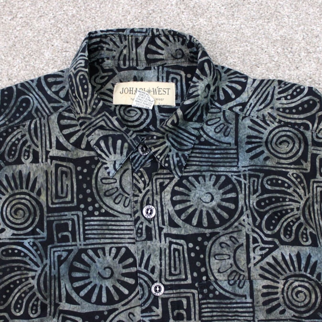 Vintage Johari West Hawaiian Shirt Mens XL Blue Batik Tribal Cotton Short Sleeve Button-Up Casual Geometric Pattern Size US XL / EU 56 / 4 - 4 Thumbnail