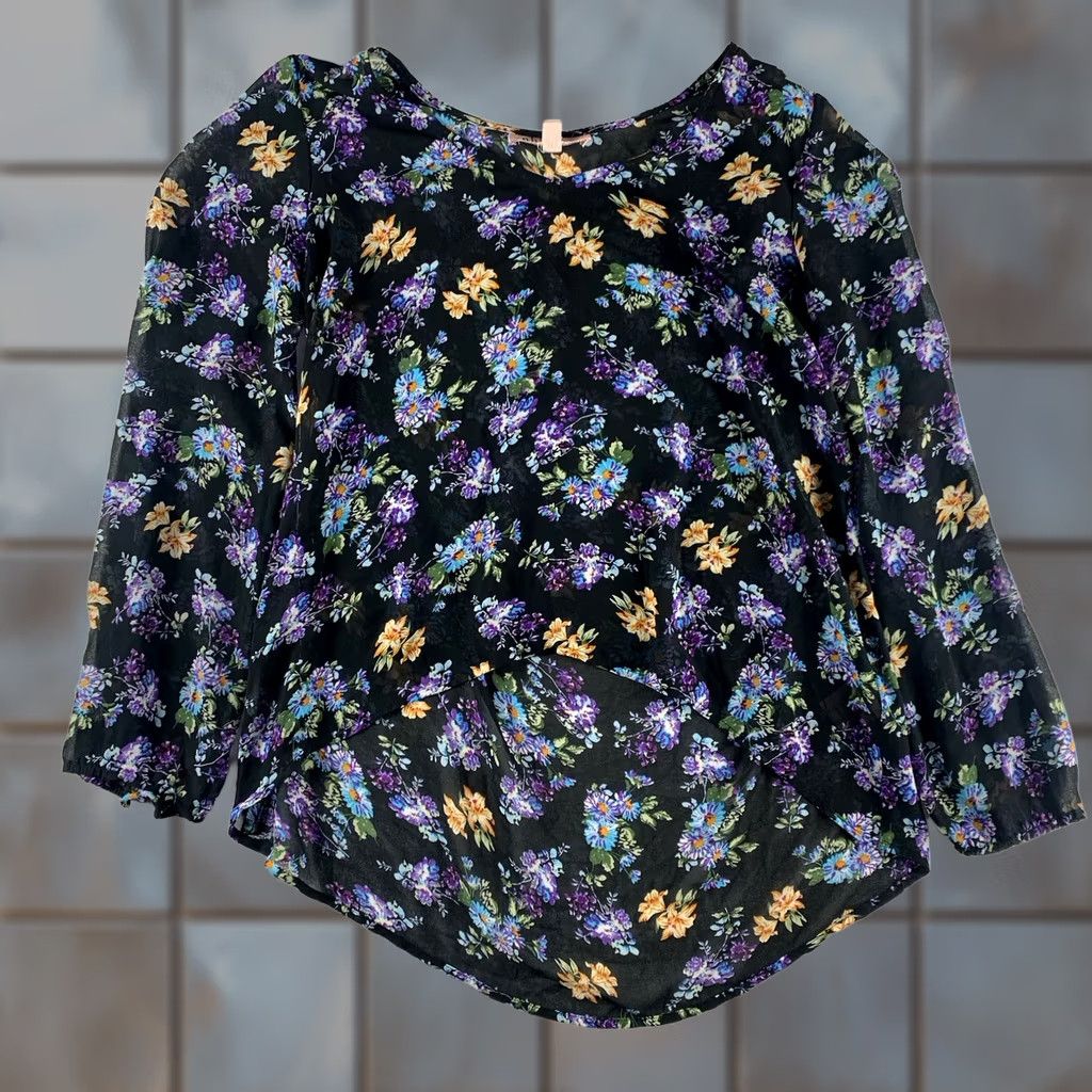 Vintage Philosophy Sheer Blouse Womens Small Petite Black Purple Boho Balloon Sleeves Size S / US 4 / IT 40 - 1 Thumbnail