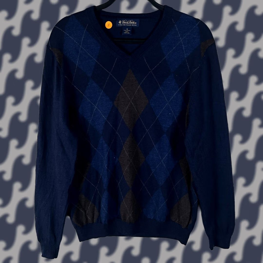 Brooks Brothers Brooks Brothers Mens Merino Wool Argyle V-Neck Sweater Navy Blue Brown M Size US M / EU 48-50 / 2 - 1 Thumbnail