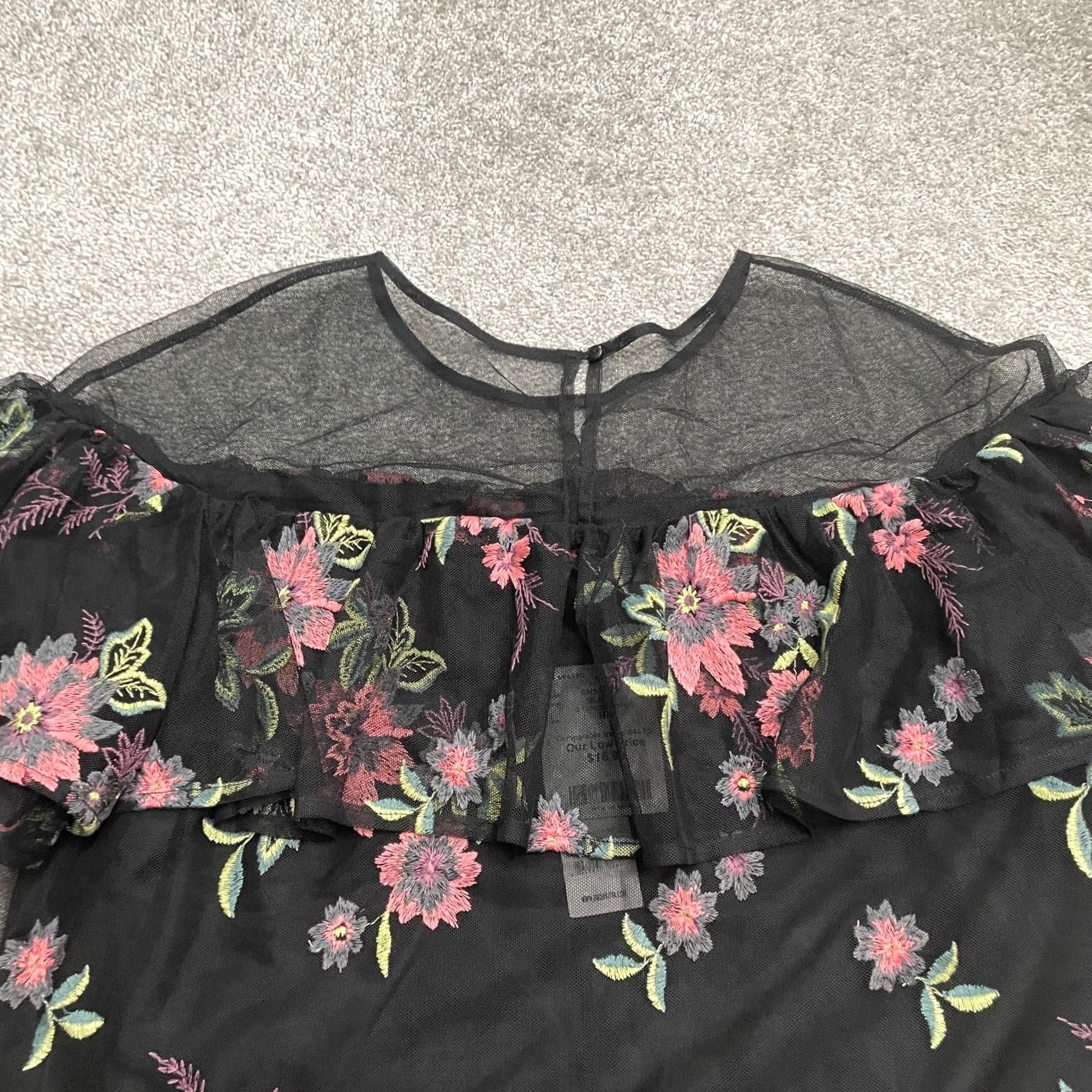 BB Dakota BB Dakota Womens Medium Black Sheer Embroidered Floral Ruffles Top Casual NWT Size M / US 6-8 / IT 42-44 - 3 Thumbnail