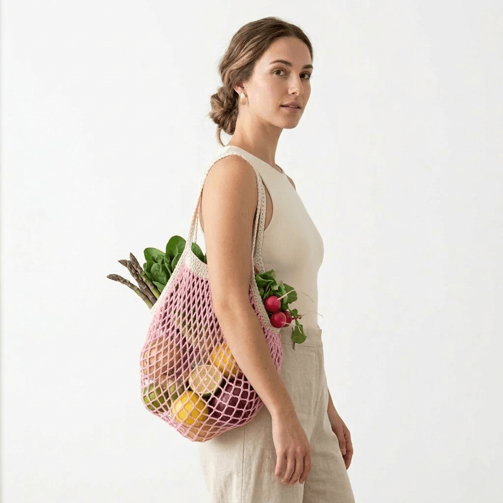 Handmade Market Bag Pink 100% Cotton Crochet French Farmers Net groc Size ONE SIZE - 2 Thumbnail