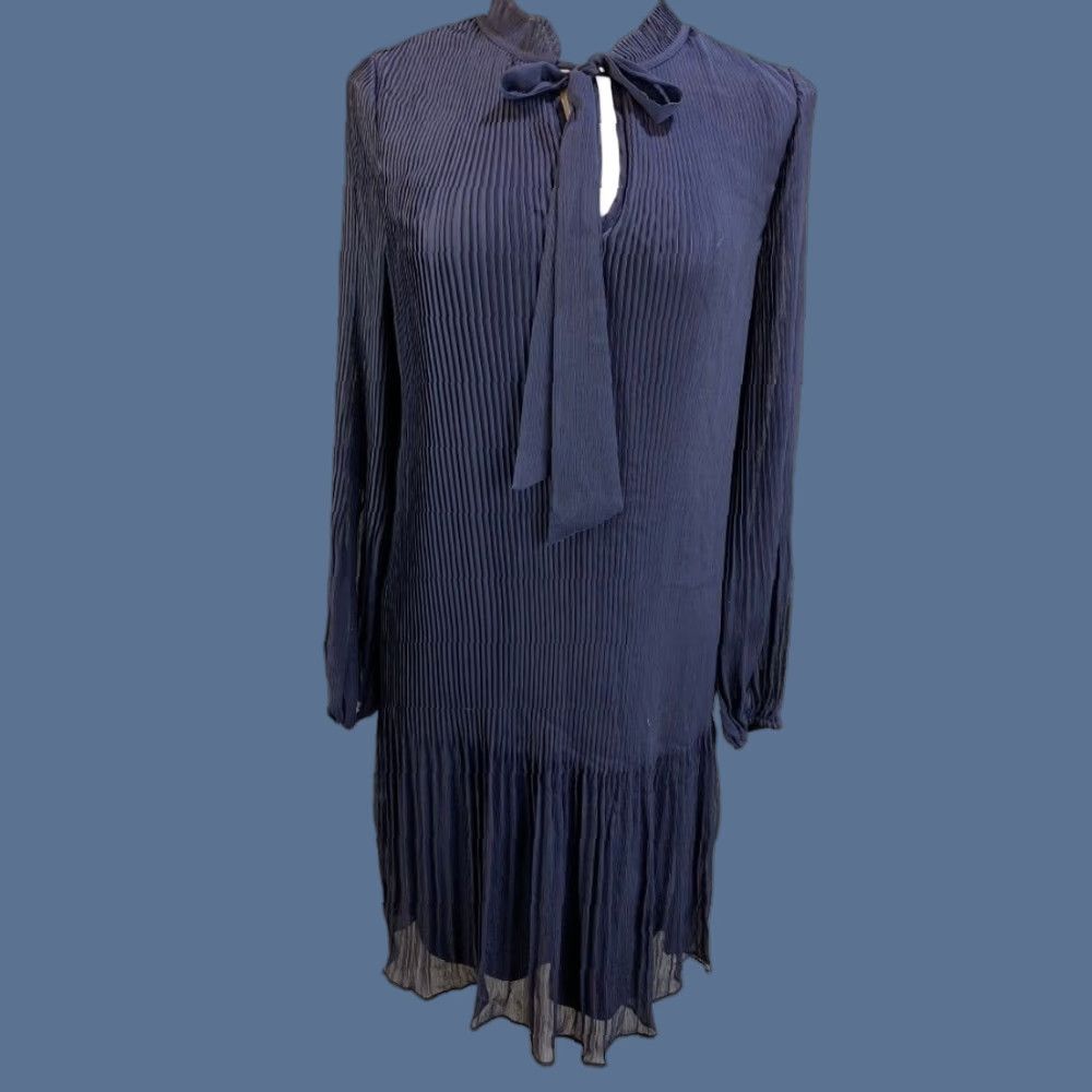 DKNY DKNY Navy Blue Long Sleeve Pleated Dress Tie Neck Knee Length Womens, 6, New Size M / US 6-8 / IT 42-44 - 1 Thumbnail