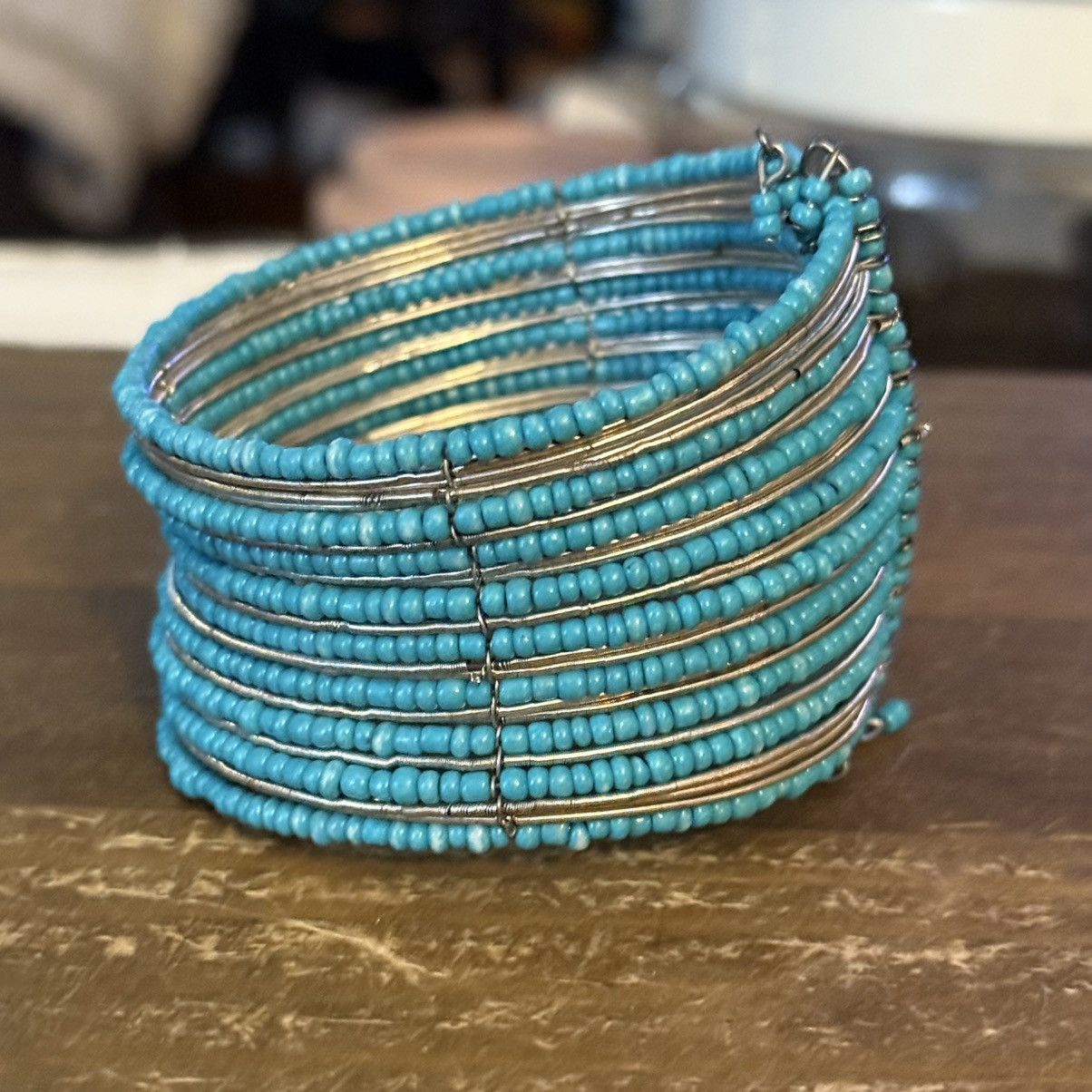 Other Turquoise and silver beaded wide cuff bracelet Size ONE SIZE - 5 Thumbnail