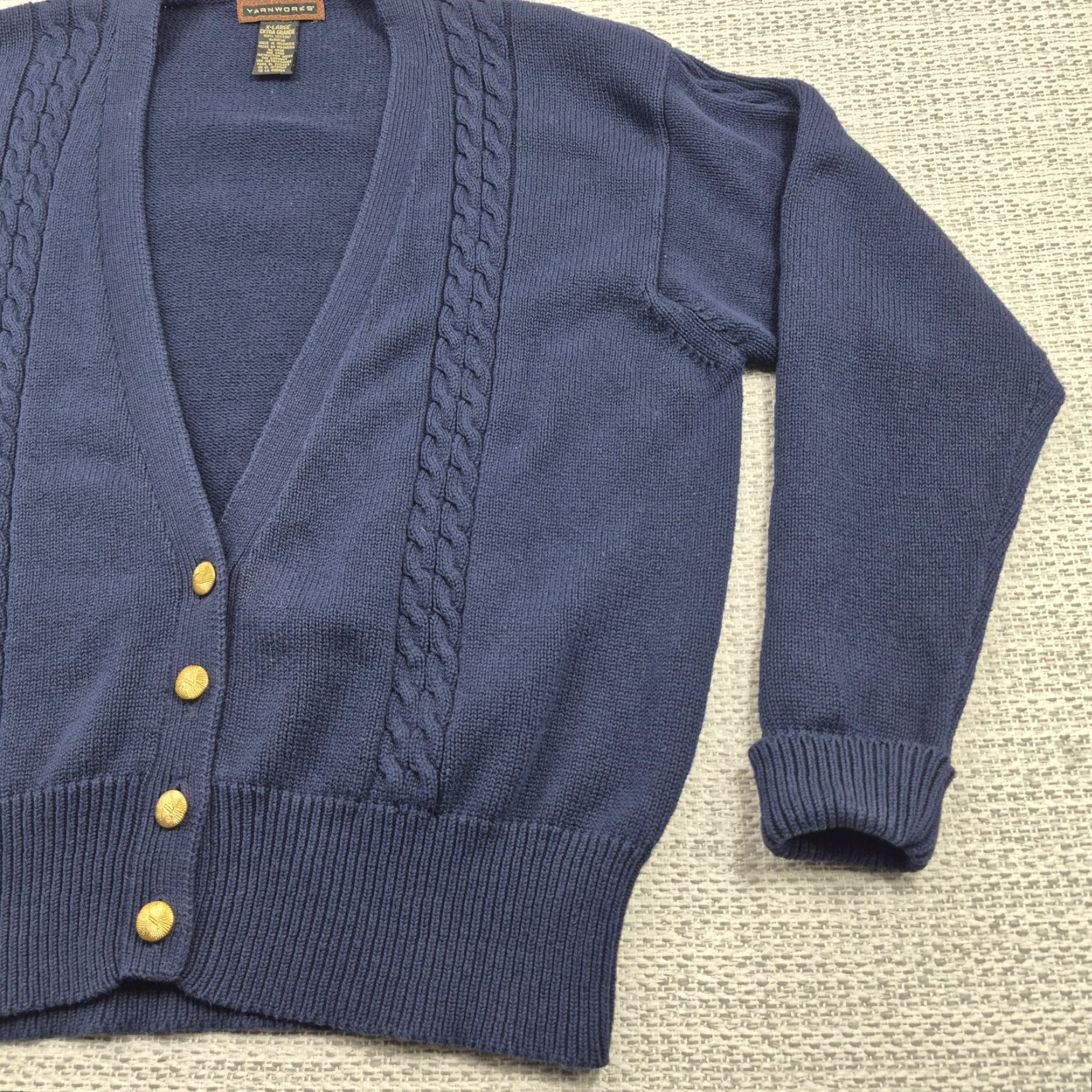 Vintage VINTAGE YarnWorks Cardigan Sweater Blue XL Button Up Cable Knit V Neck Cotton Mens Size US XL / EU 56 / 4 - 2 Thumbnail