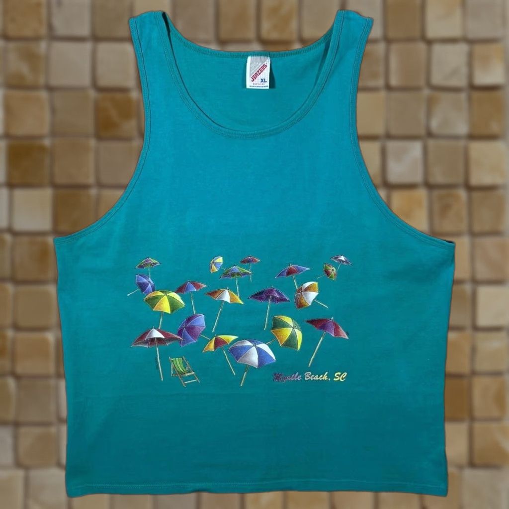 Jerzees Vintage Jerzees Myrtle Beach Umbrella Souvenir Graphic Vest Top XL T-Shirt Teal Turquoise Men Sleeveless Graphic 2000s Size 46R - 1 Thumbnail