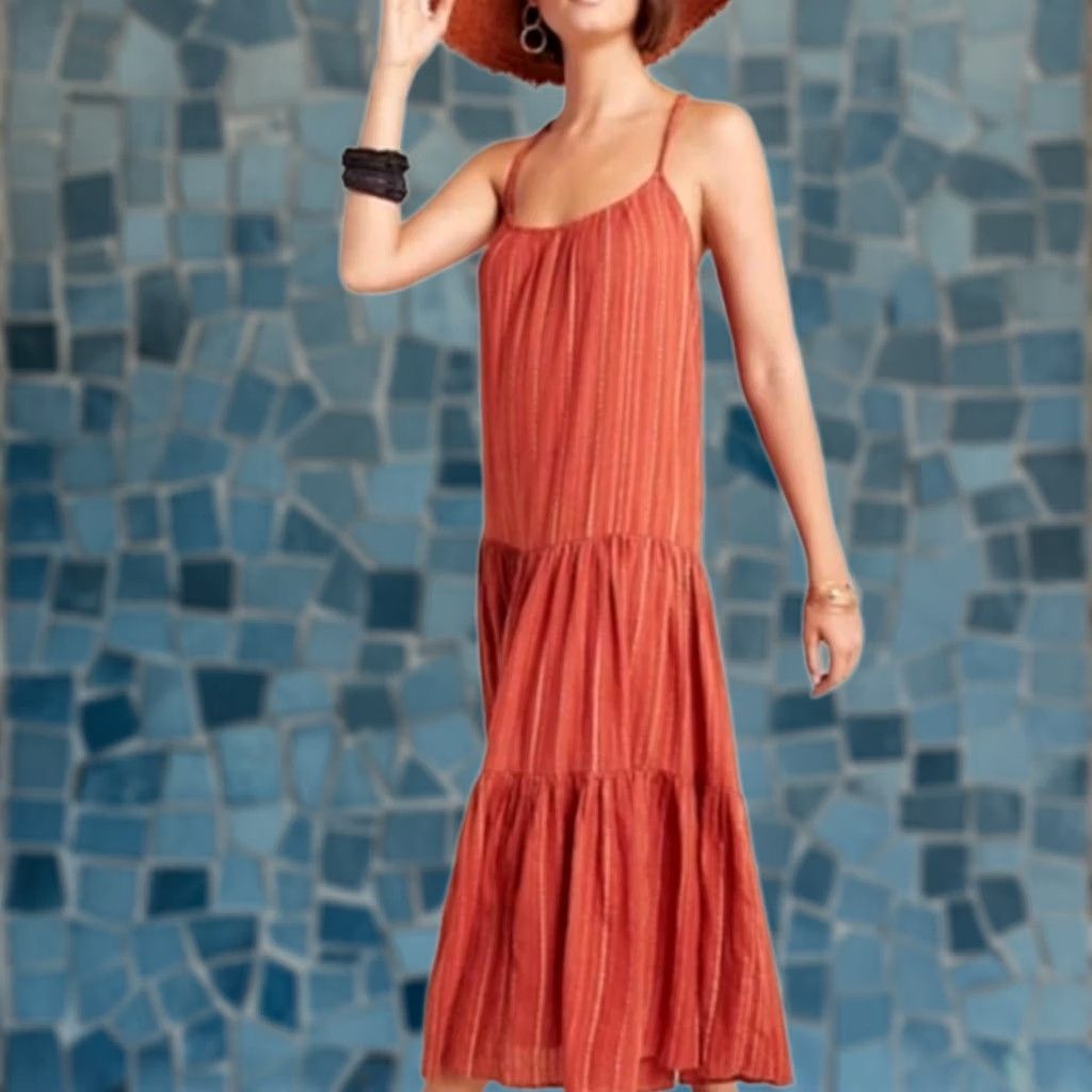 Anthropologie FRYE Anthropologie Alyssa Tiered Maxi Dress L Women's Orange Gold Metallic New Size L / US 10 / IT 46 - 1 Thumbnail