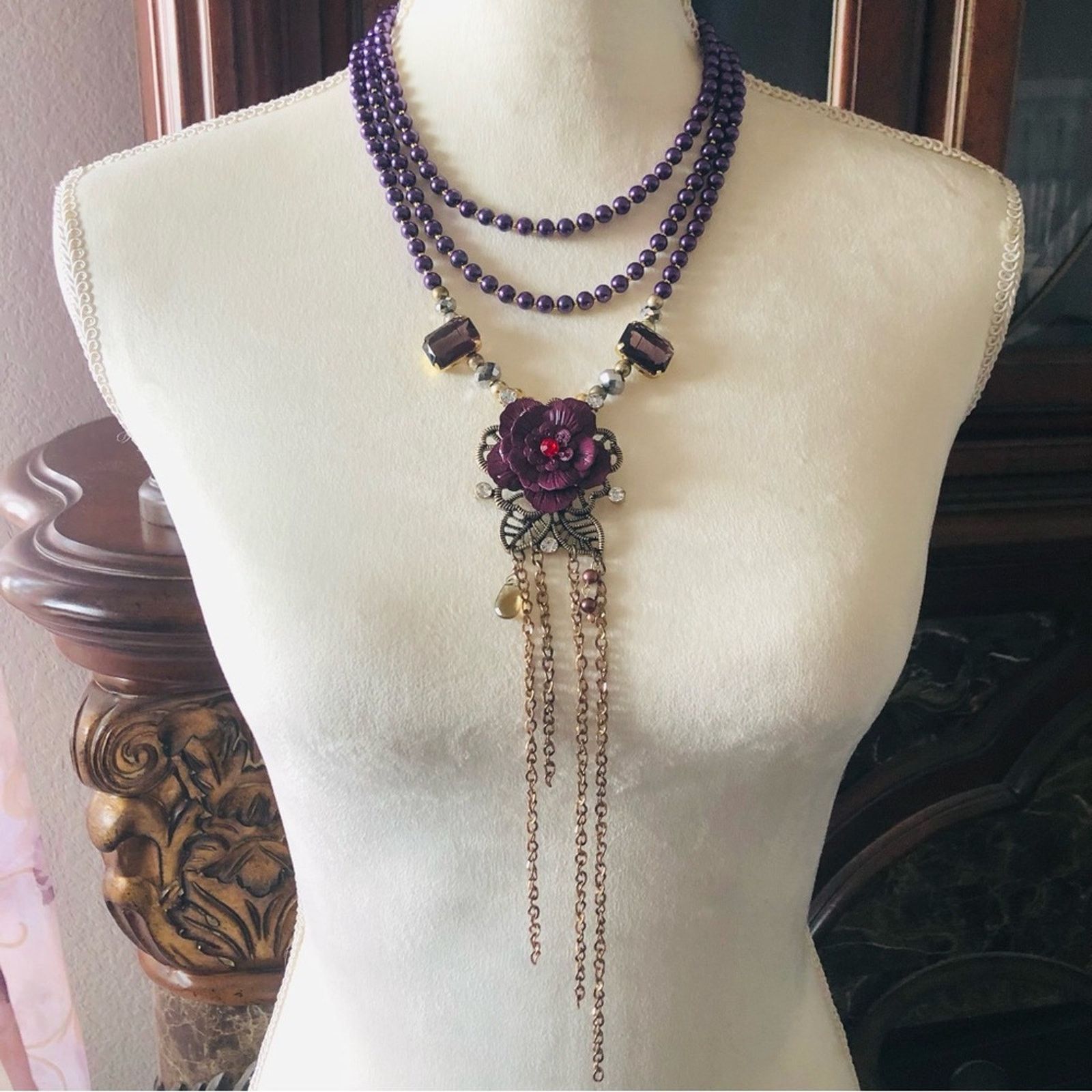 Jewelry Handcrafted repurpose glass Pearl genuine ruby necklac Size ONE SIZE - 2 Thumbnail