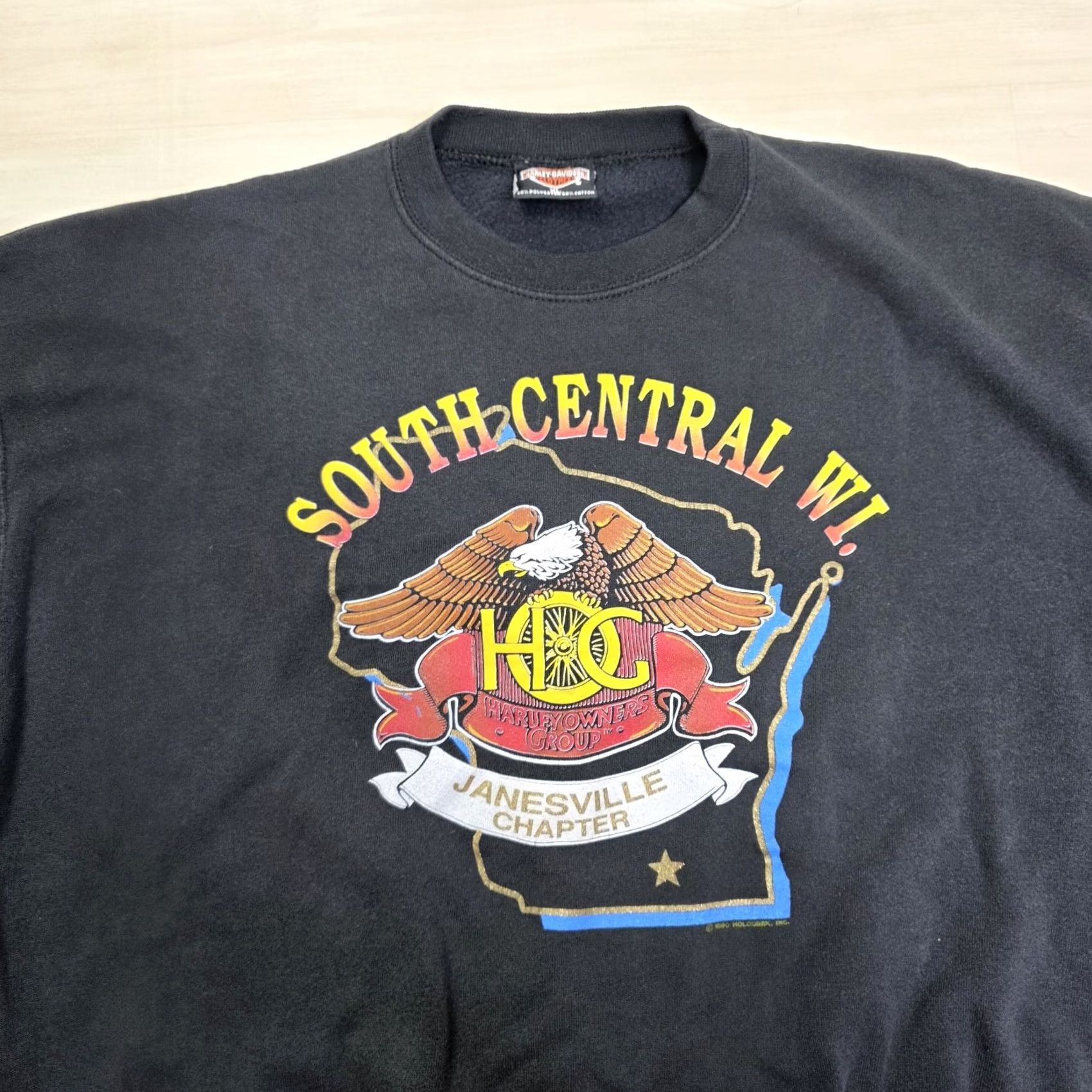 Harley Davidson VINTAGE Harley-Davidson Owners Group South Central Wisconsin Eagle XL Crew Neck Shirt Mens Black Cotton 1990s Double-Sided Regular Fit Size US XL / EU 56 / 4 - 3 Thumbnail