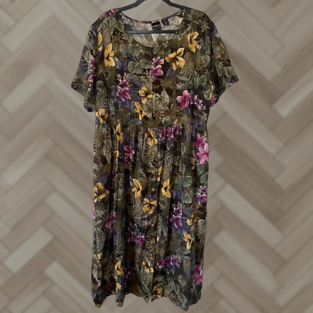 Vintage VINTAGE Erika Dress Womens M Green Floral Short Sleeve Maxi Dress Size 32" / US 10 / IT 46 - 1 Thumbnail