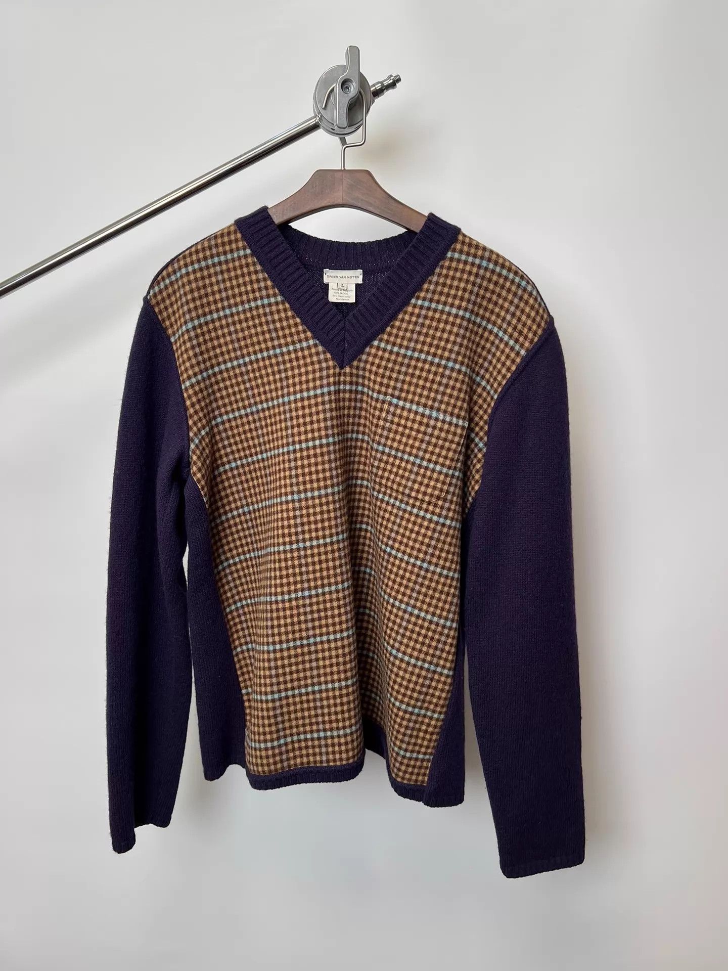 Dries Van Noten DVN Purple Check Colorblock Wool Sweater Size L / US 10 / IT 46 - 1 Thumbnail