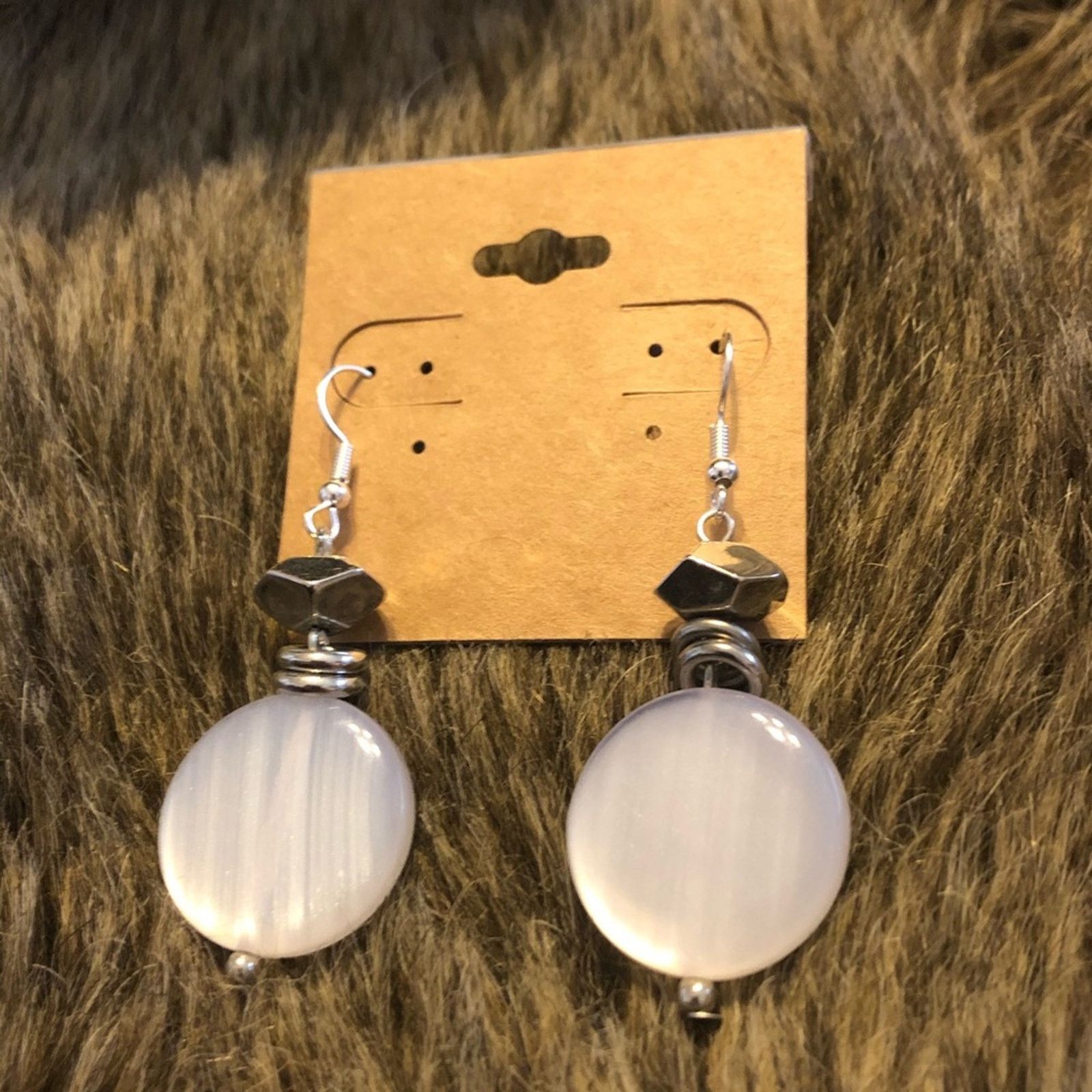 Jewelry Opalescent Disc Dangle Fish Hook Earrings in White, Women's