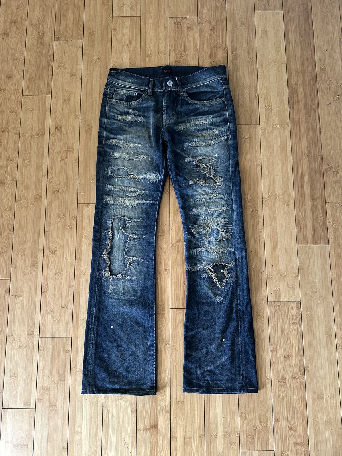 image of Archival Clothing x Jack Rose Boro Distressed Tribal Heart Flared Denim in Blue, Men's (Size 30)