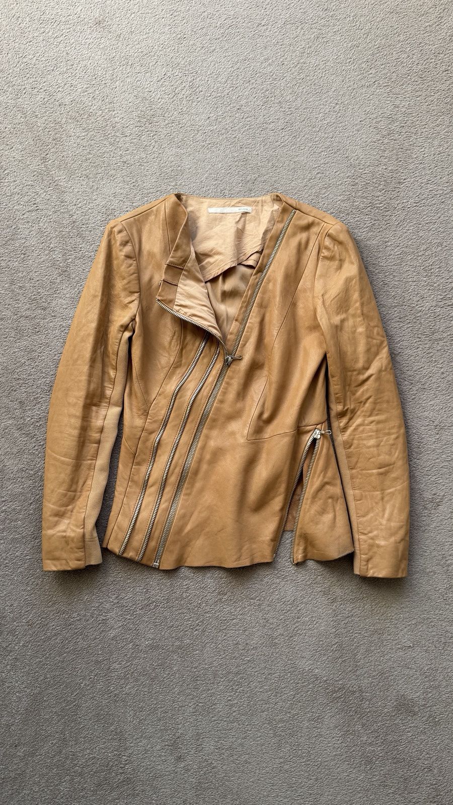 Genuine Leather Willow Soft Cognac Lambskin Leather Zippers Detail Jacket Size M / US 6-8 / IT 42-44 - 2 Thumbnail