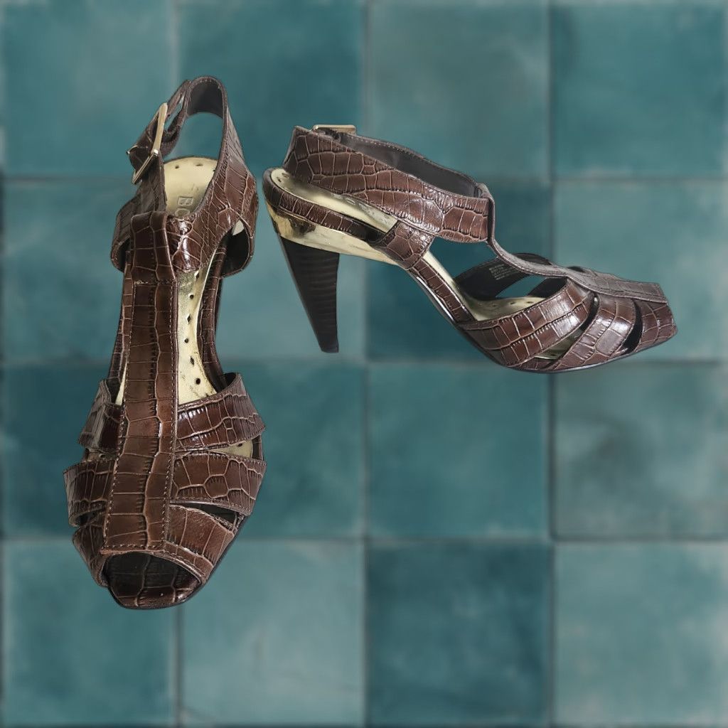 Vintage BCBGirls Women’s Brown Gold Peep Toe Strappy Heels Mary Jane 6B Brown Gold Strappy Heels Womens Shoes Size US 7 / IT 37 - 1 Thumbnail