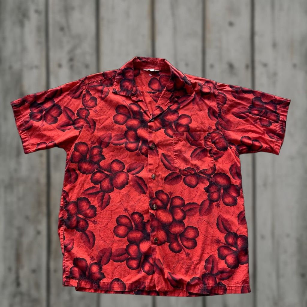 VINTAGE American Vintage Shirt Mens Large Red Floral Hawaiian Button-Up Regular 60s Retro Beach