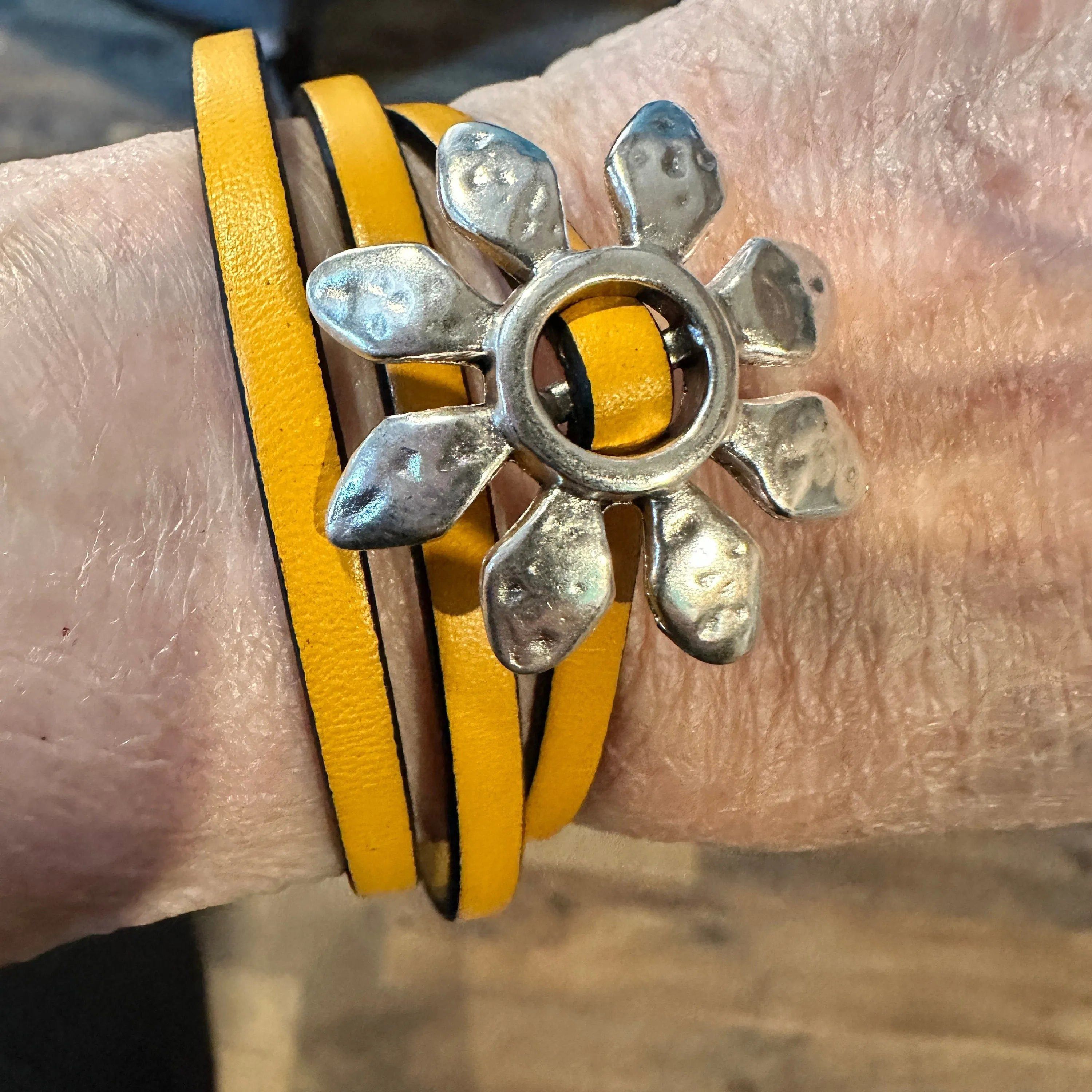 Other Boho Leather Flower Power Hippie Leather Bracelet, Triple Wr Size ONE SIZE - 1 Thumbnail
