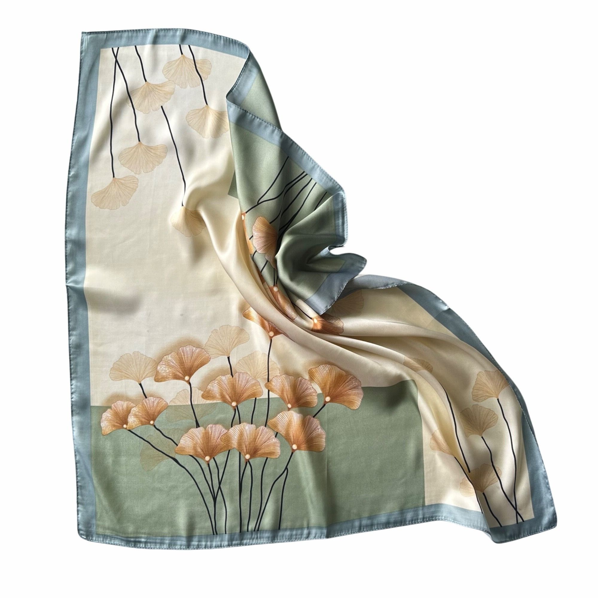 Other New Elegant Bandana Square Scarf Classic Green and Beige Sil Size ONE SIZE - 4 Thumbnail