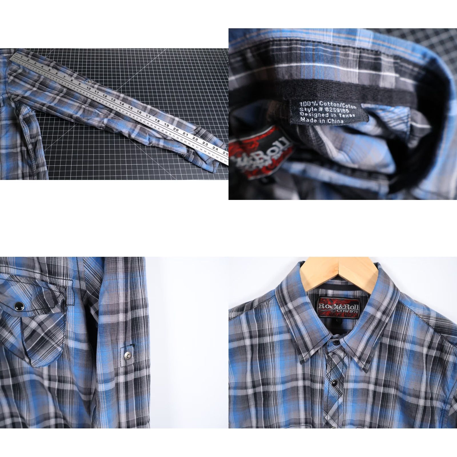 Vintage Rock & Roll Cowboy Shirt Men's Large Blue Plaid Pearl Snap Roll Tab Sleeves Size US L / EU 52-54 / 3 - 8 Thumbnail
