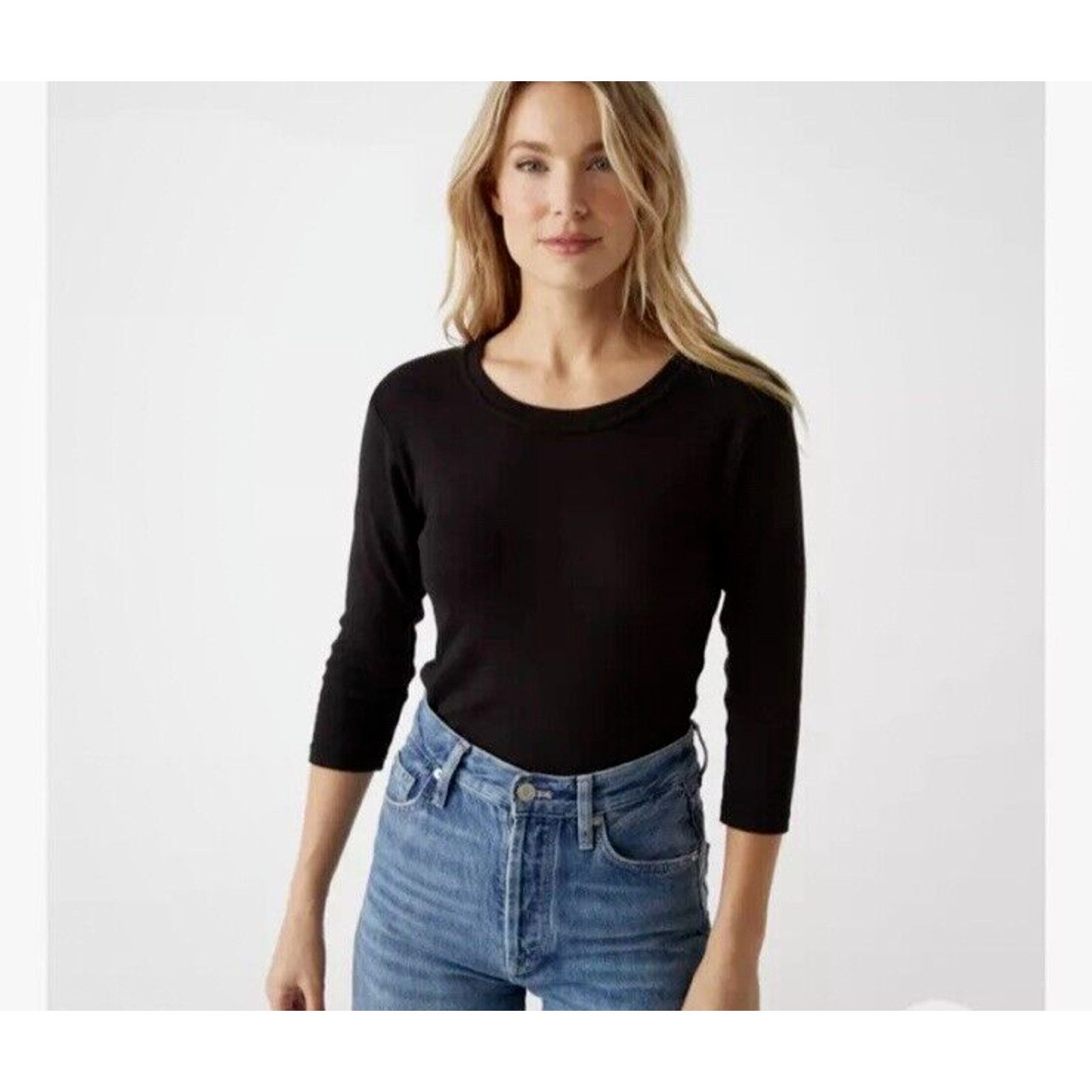 Michael Stars Michael Stars 3/4 Sleeve Crew Neck Top Ribbed T Shirt Black Size ONE SIZE - 1 Thumbnail