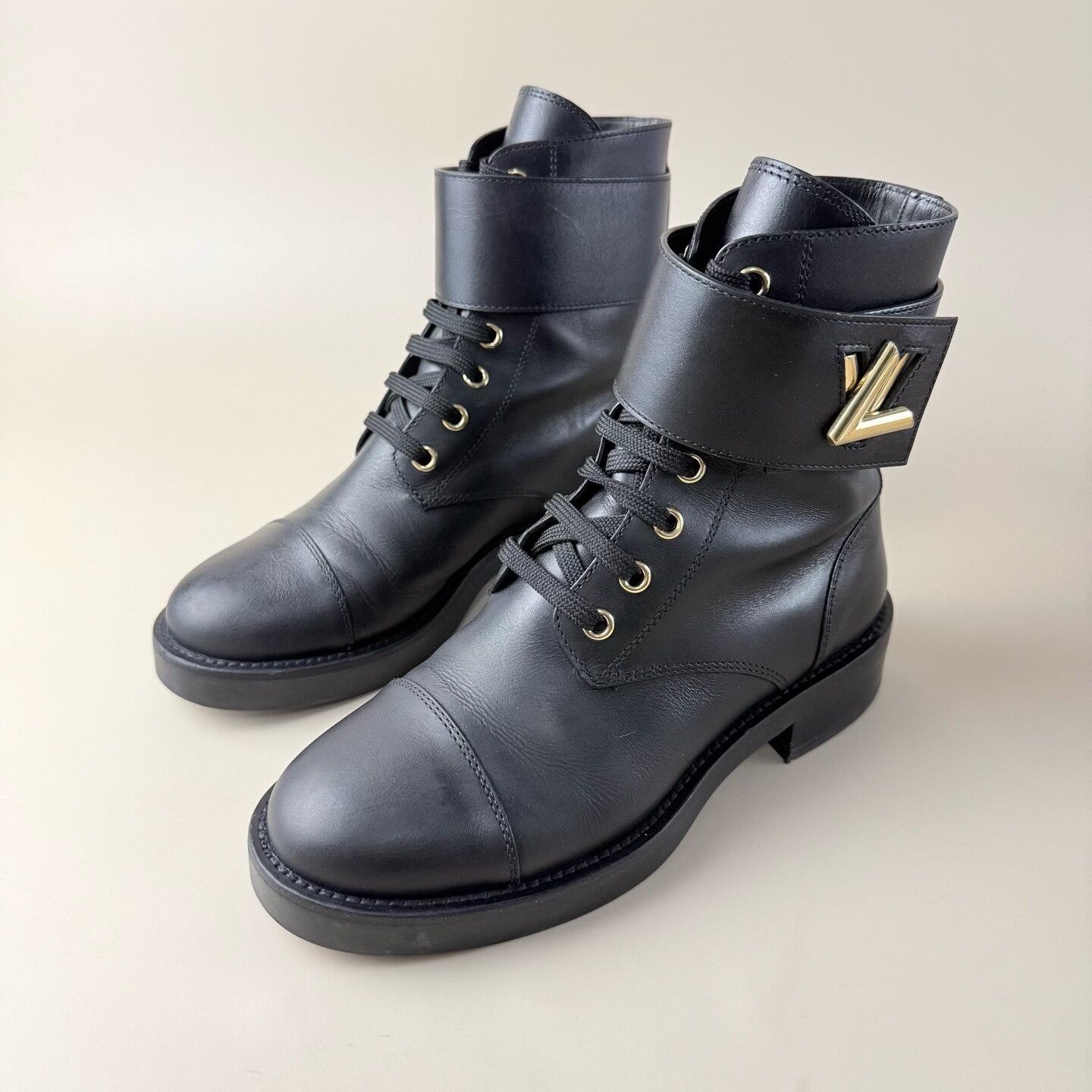 Louis Vuitton LV Black Gold Strap Lock Ankle Boots Size US 4.5 / IT 34.5 - 1 Thumbnail