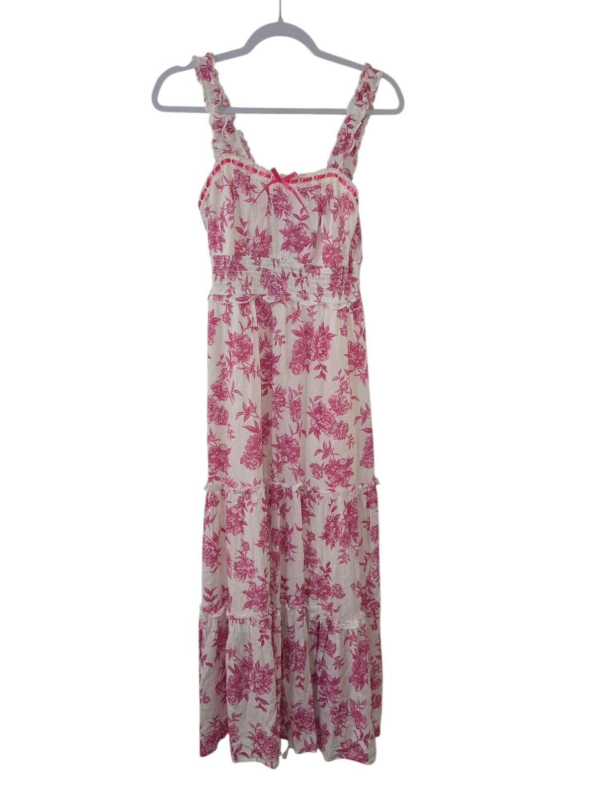 Flower Mountain Inspired Hearts Pink Floral Midi Dress Tiered Smocked Size L / US 10 / IT 46 - 1 Thumbnail