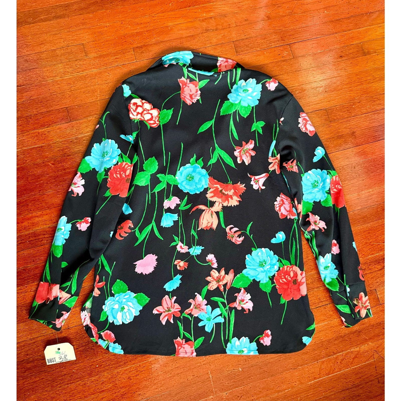 Vintage 70'vs Black Blue floral dagger collar button down blouse Med Size M / US 6-8 / IT 42-44 - 2 Thumbnail