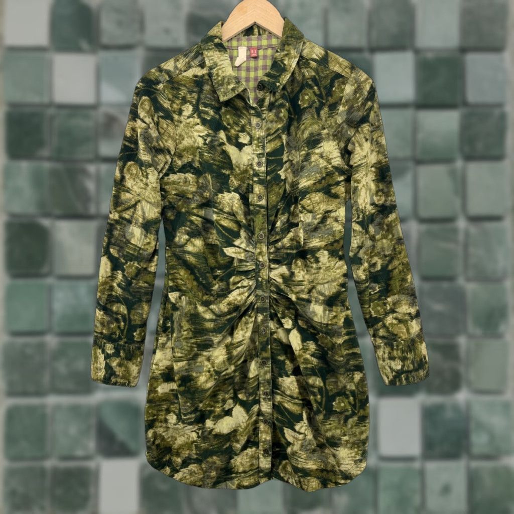ANTHROPOLOGIE PILCRO Dress 6 Ruched Floral Corduroy Button Up Shirtdress Green Dress Shirt Womens
