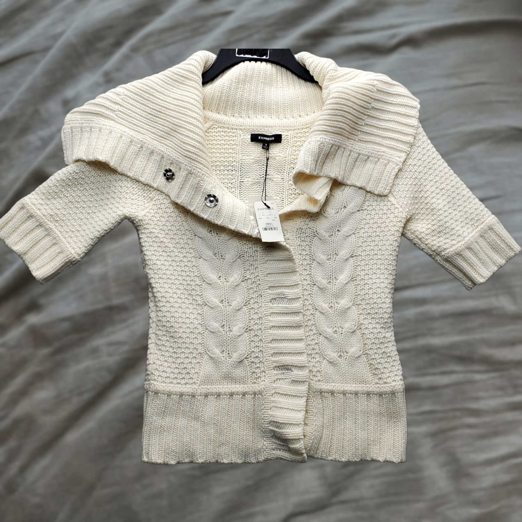 Express Express Cardigan Sweater Womens Small Tan Chunky Open Knit Fold Over Neck Snap Size S / US 4 / IT 40 - 1 Thumbnail