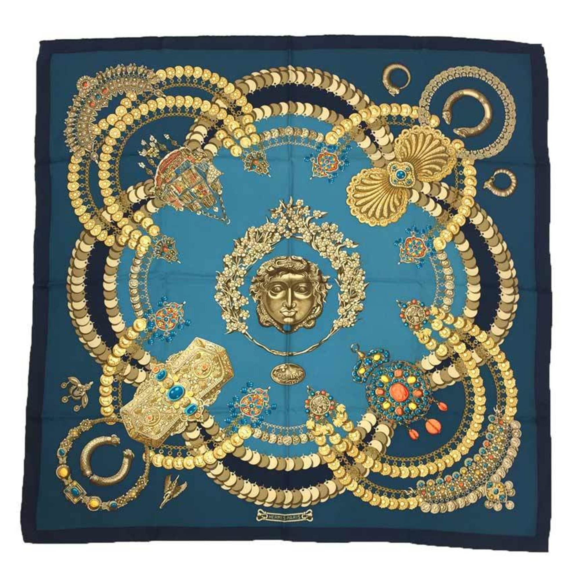 image of Hermes Carre 90 Scarf Muffler Kosmima Space Peacock Green 100% Silk Aq9329, Women's