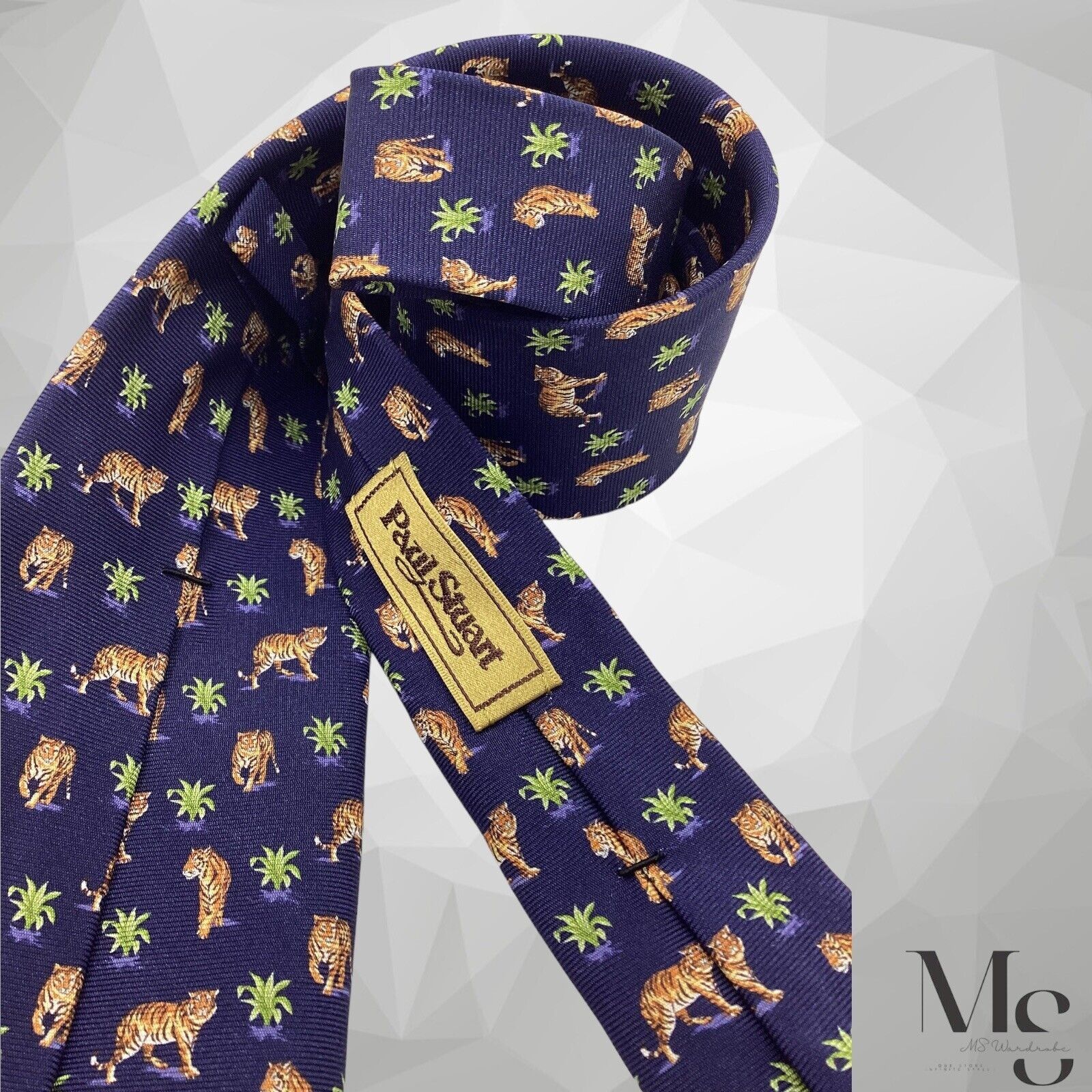 Paul Stuart PAUL STUART Blue Tiger in Bushes Print Silk Tie Made In USA Size ONE SIZE - 4 Thumbnail