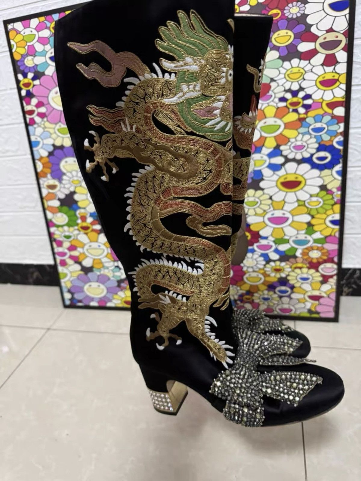 Gucci Runway Black Dragon Boots With Sparkly Bows 38 Size US 8 / IT 38 - 8 Thumbnail