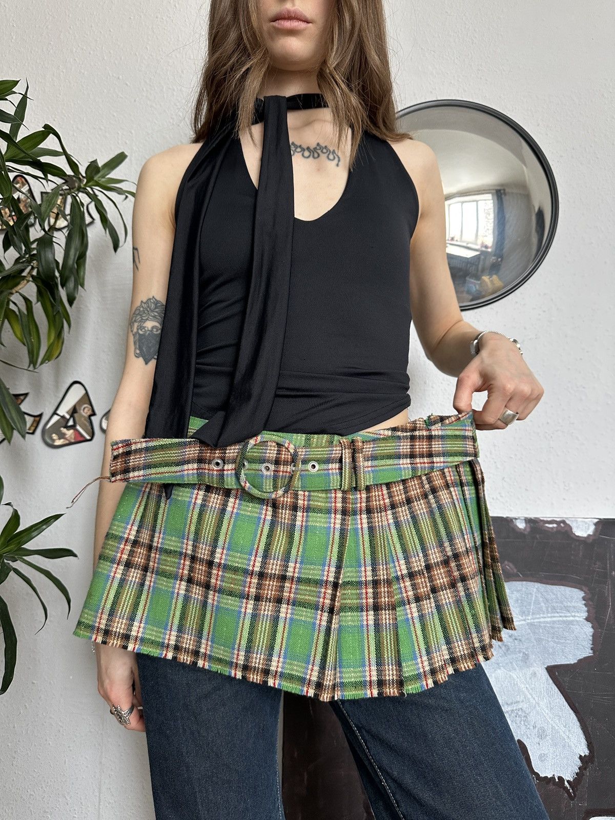 Beauty Beast × Japanese Brand Micro mini extra skirt vintage plaid pleated buckle belt Size 34" / US 12 / IT 48 - 5 Thumbnail