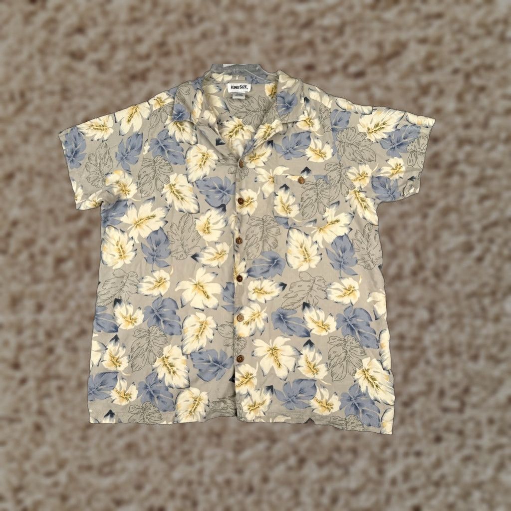 Vintage King Size Hawaiian Shirt Mens 2XL Beige Blue Leaf Pattern Button Up READ ME Size US XXL / EU 58 / 5 - 1 Thumbnail