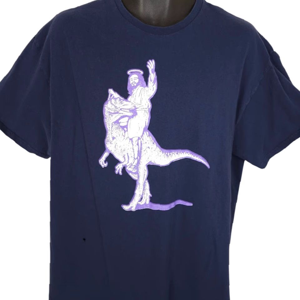 Vintage VINTAGE Christian T Shirt Mens XL Blue Jesus Christ Riding Dinosaur Raptor Size US XL / EU 56 / 4 - 2 Thumbnail