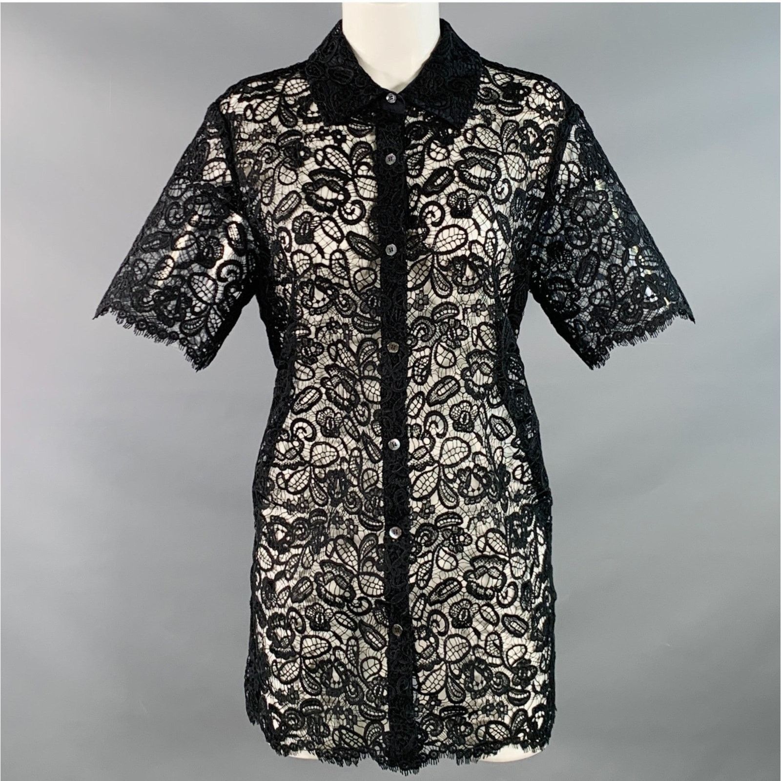 Staud STAUD M Black Polyester Lace Button Up Short Sleeve Shirt Size M / US 6-8 / IT 42-44 - 1 Thumbnail
