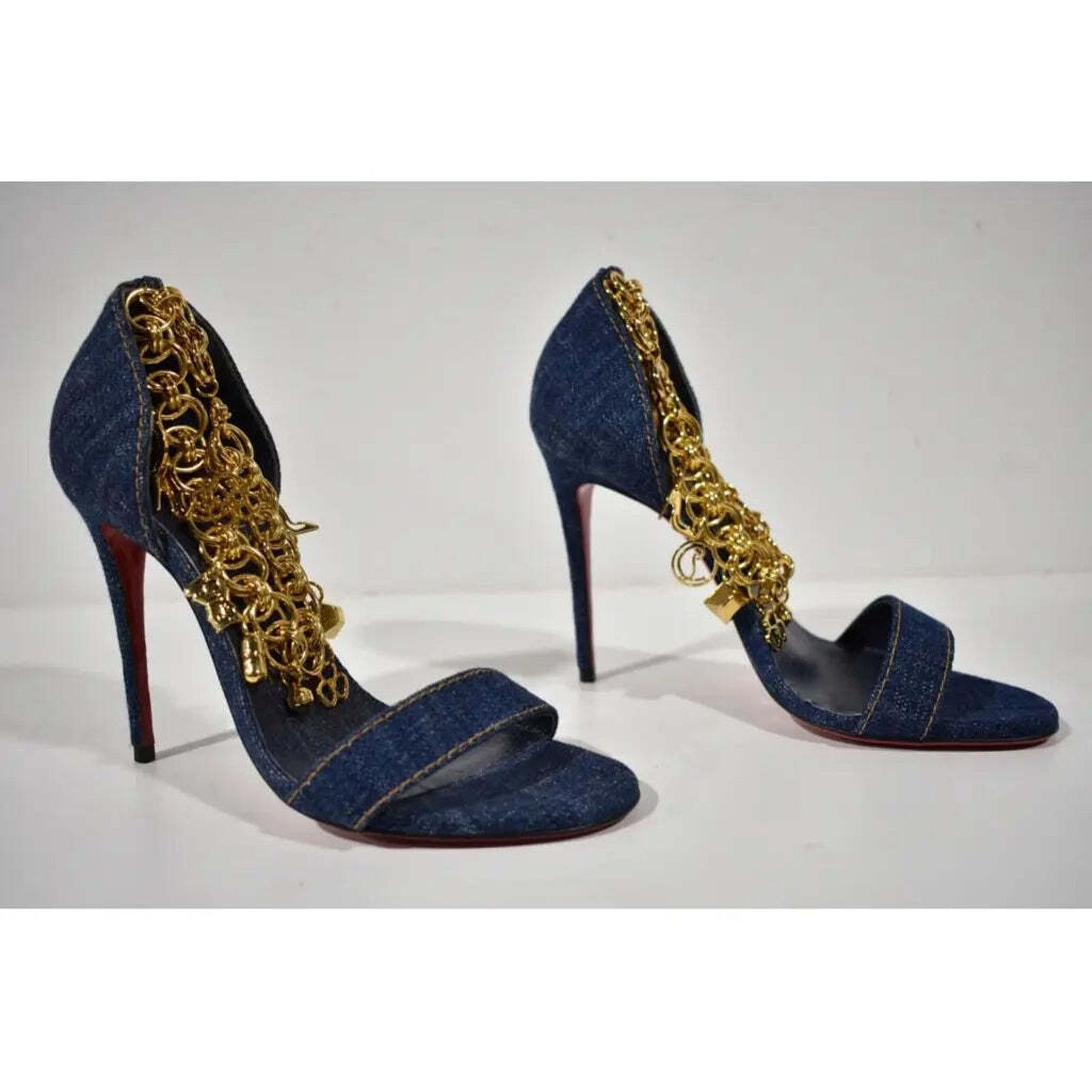 Christian Louboutin Gourmi Sandal 100 Denim Gold Charm Ankle Strap Heel Pump 37 Size US 7 / IT 37 - 4 Thumbnail