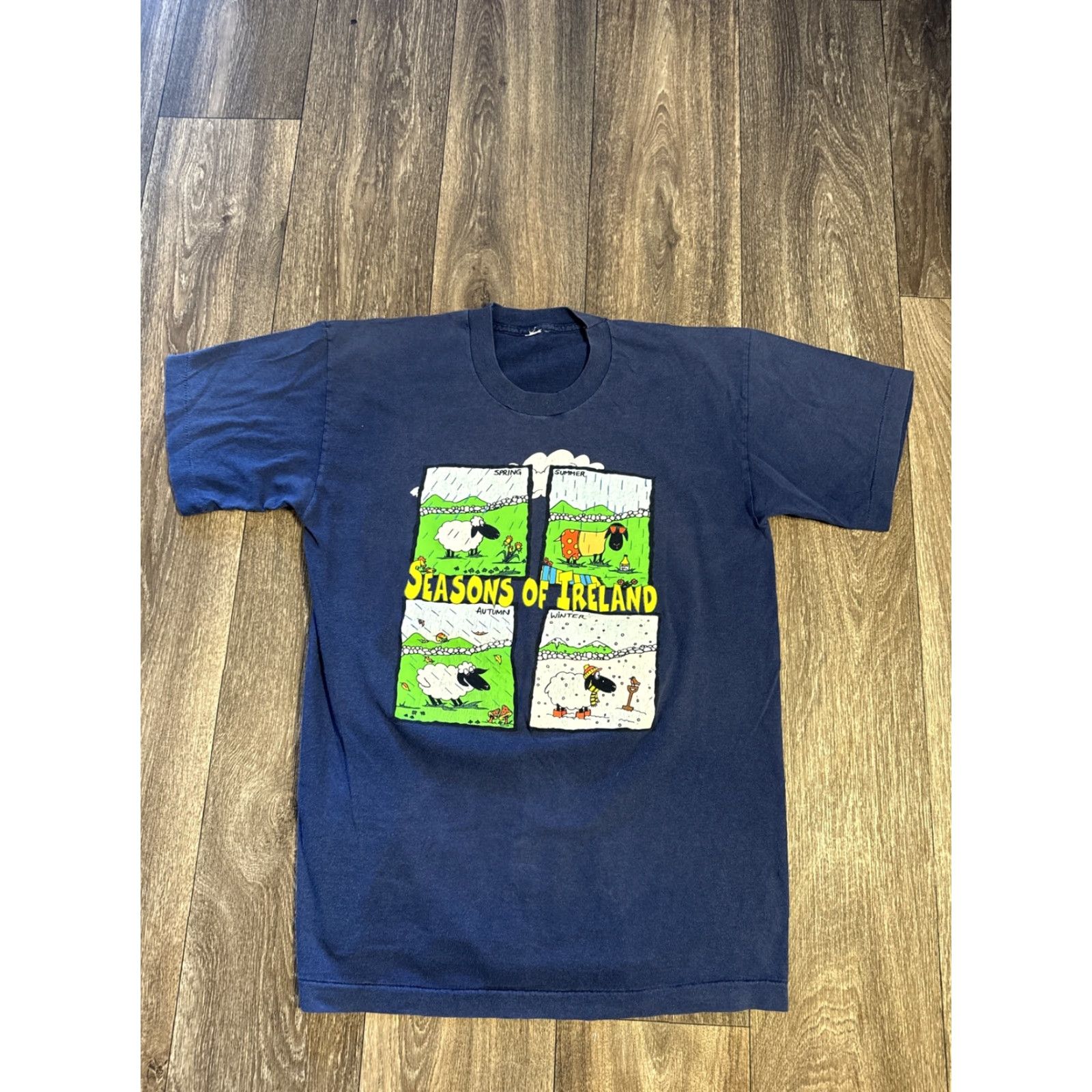 Vintage Vintage Seasons of Ireland Funny Cartoon 80s-90s T-Shirt Unisex Adults S Blue Irish Single Stitch Size US S / EU 44-46 / 1 - 2 Thumbnail