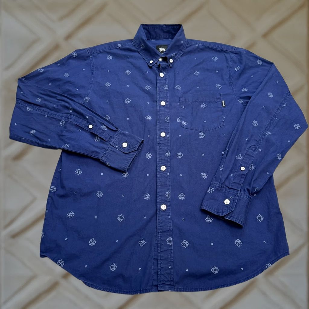 Gloverall Stussy Medallion All Over Print Button Down shirt Mens Small Navy Blue Cotton Size US S / EU 44-46 / 1 - 1 Thumbnail