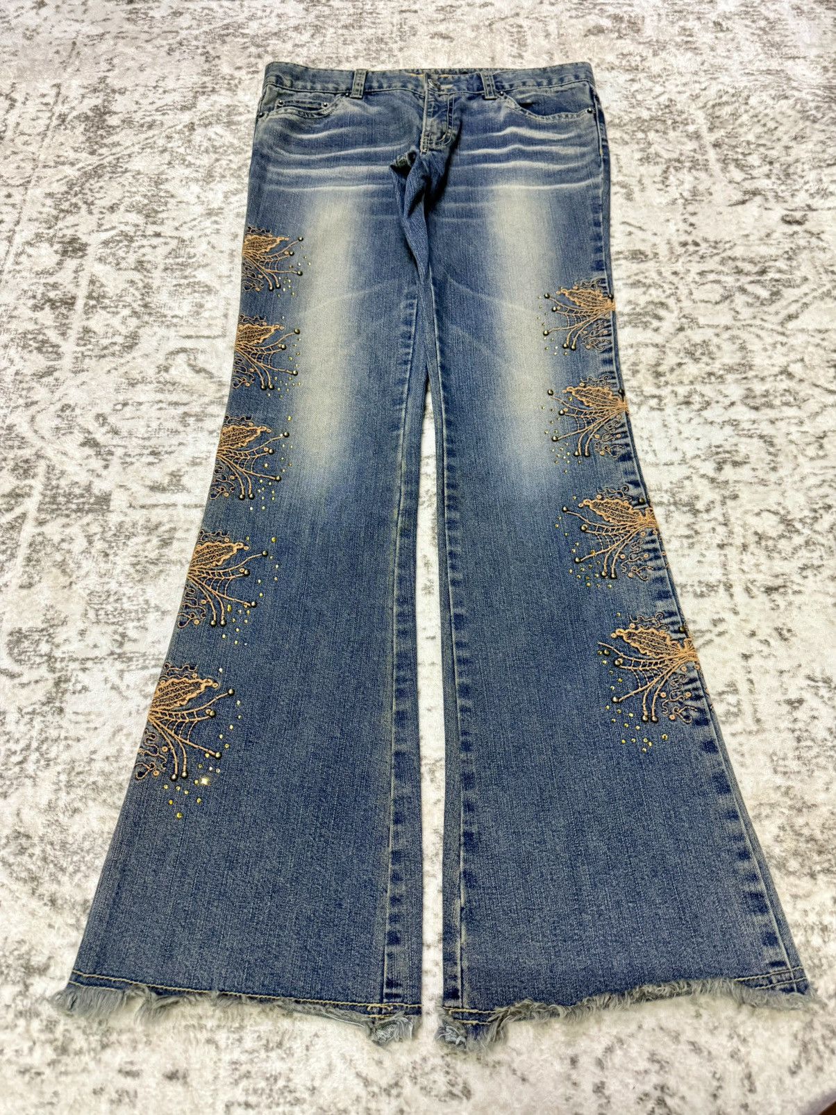 Japanese Brand Boho Hippie Embroidery Studded Flare Jeans